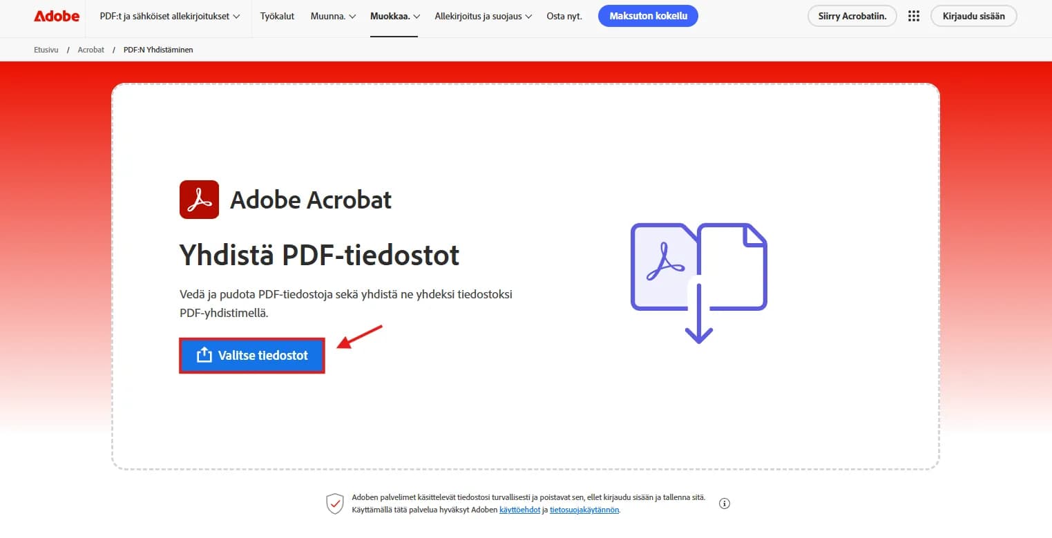 Adobe Acrobatin PDF-tiedostojen yhdistämistyökalu