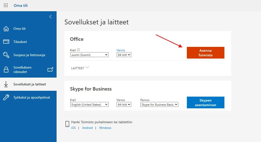 Microsoft-tilin Sovellukset ja laitteet -sivu