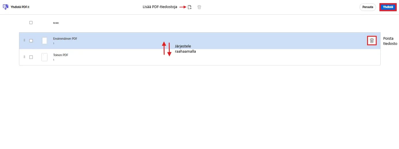 Näkymä, jossa valittuja PDF-tiedostoja voi vielä lisätä, järjestellä tai poistaa ennen niiden yhdistämistä
